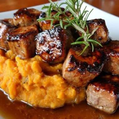 Apple Cider Pork served with mashed sweet potatoes in a rustic dish