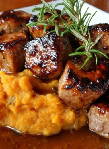 Apple Cider Pork served with mashed sweet potatoes in a rustic dish
