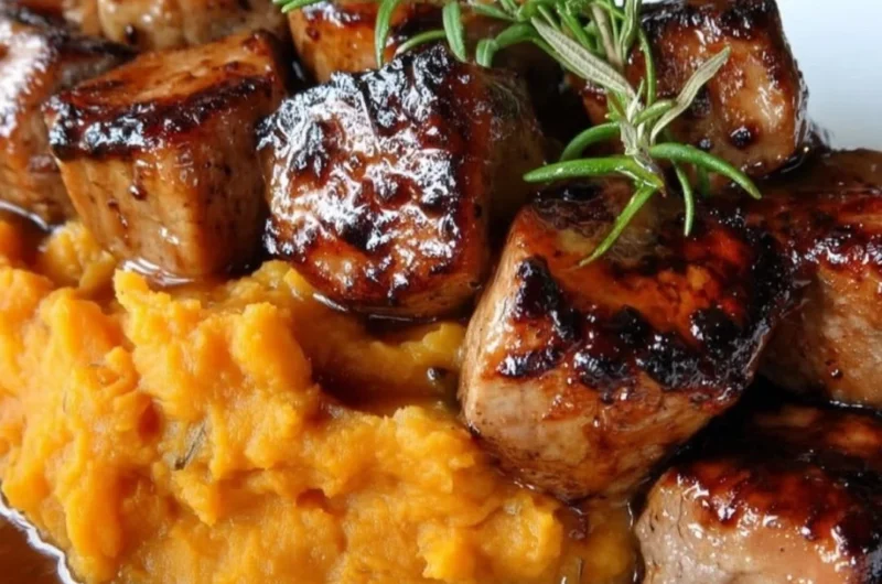 Apple Cider Pork served with mashed sweet potatoes in a rustic dish