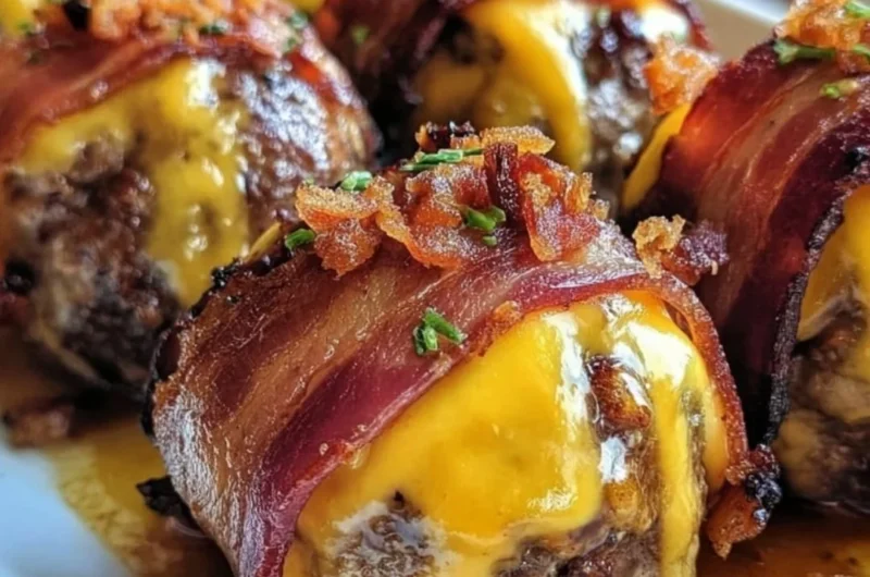 Bacon cheeseburger bombs filled with cheese and crispy bacon.