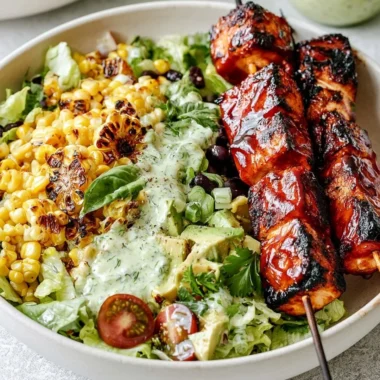 BBQ Chicken Skewer Salad with fresh vegetables and grilled chicken