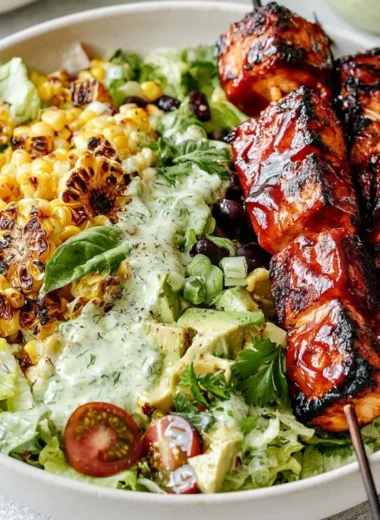 BBQ Chicken Skewer Salad with fresh vegetables and grilled chicken