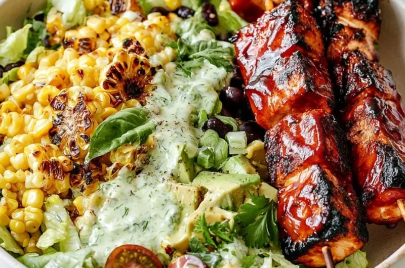 BBQ Chicken Skewer Salad with fresh vegetables and grilled chicken