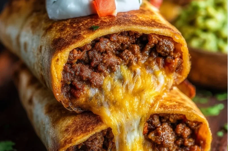 Delicious Beef and Cheese Chimichangas on a plate garnished with salsa