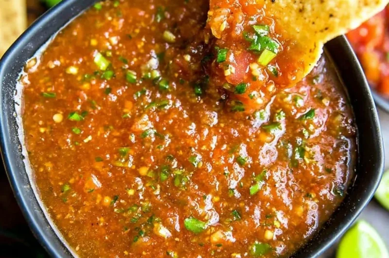 Freshly made Blender Salsa in a bowl with vibrant vegetables and spices.