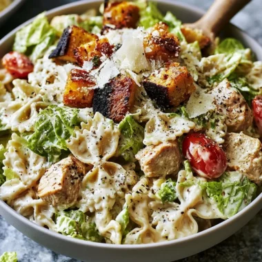 Chicken Caesar Pasta Salad with grilled chicken, romaine lettuce, and Caesar dressing.