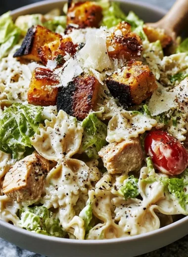 Chicken Caesar Pasta Salad with grilled chicken, romaine lettuce, and Caesar dressing.