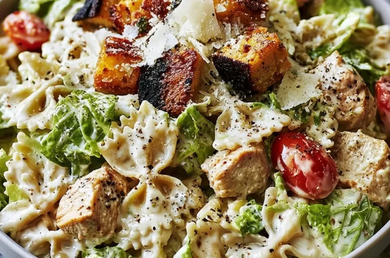 Chicken Caesar Pasta Salad with grilled chicken, romaine lettuce, and Caesar dressing.
