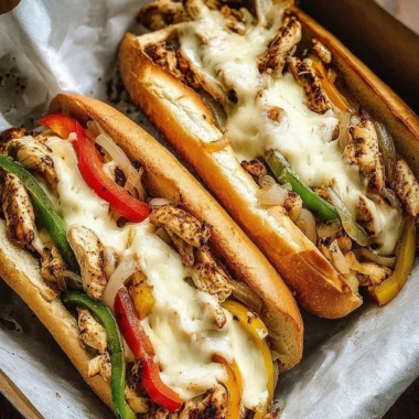 Delicious Chicken Philly Cheese Steaks with melted cheese and peppers