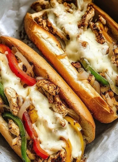 Delicious Chicken Philly Cheese Steaks with melted cheese and peppers