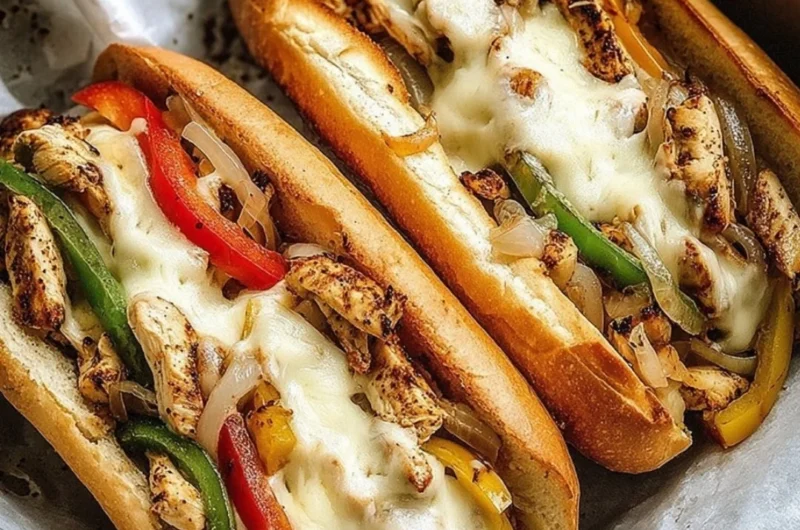Delicious Chicken Philly Cheese Steaks with melted cheese and peppers
