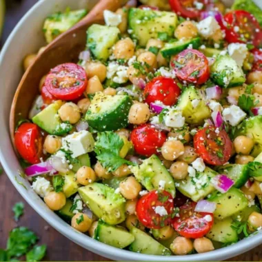 Colorful chickpea salad with vegetables and dressing in a bowl