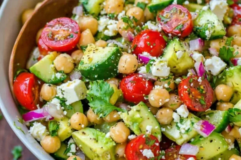 Colorful chickpea salad with vegetables and dressing in a bowl