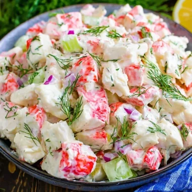 Delicious crab salad with fresh ingredients and vibrant colors served in a bowl