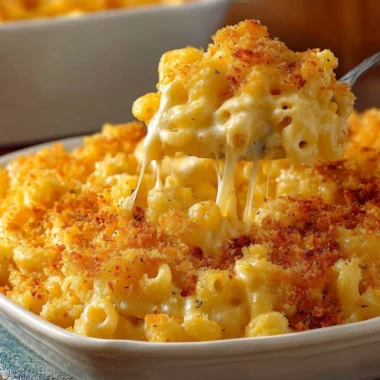 Creamy baked macaroni and cheese served in a dish