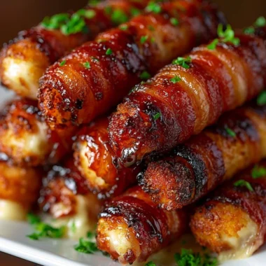 Crispy bacon-wrapped mozzarella sticks served with dipping sauce