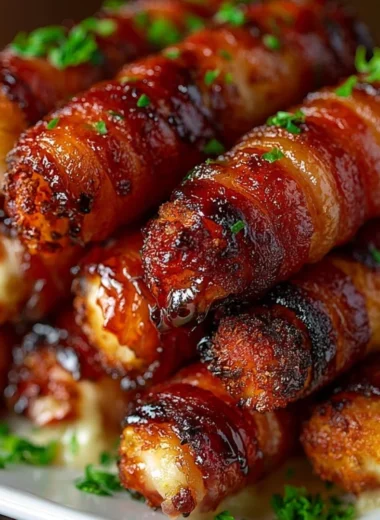 Crispy bacon-wrapped mozzarella sticks served with dipping sauce