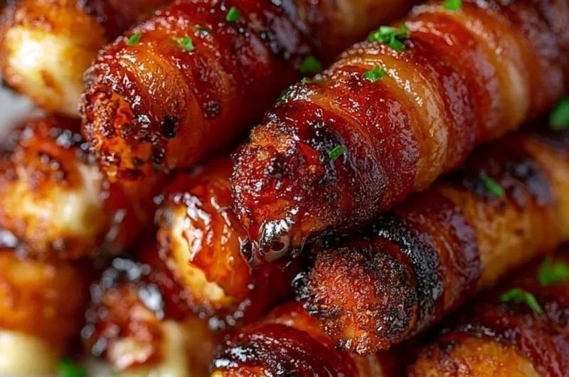 Crispy bacon-wrapped mozzarella sticks served with dipping sauce