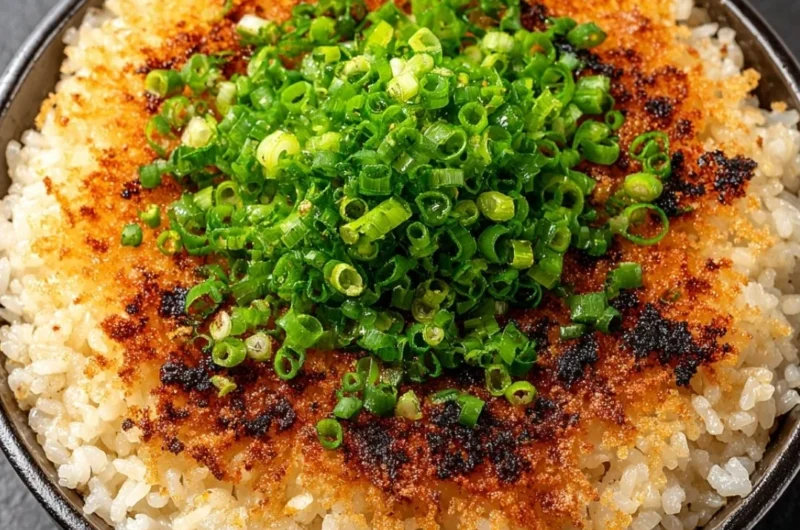 A plate of delicious crispy rice garnished with herbs and spices.
