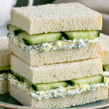 Delicious cucumber sandwich with fresh herbs and creamy spread on whole grain bread.