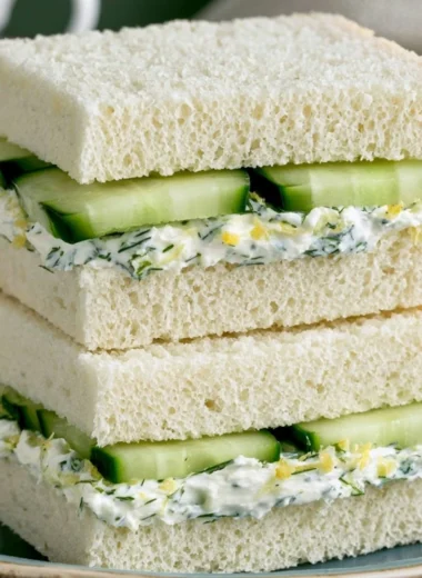 Delicious cucumber sandwich with fresh herbs and creamy spread on whole grain bread.