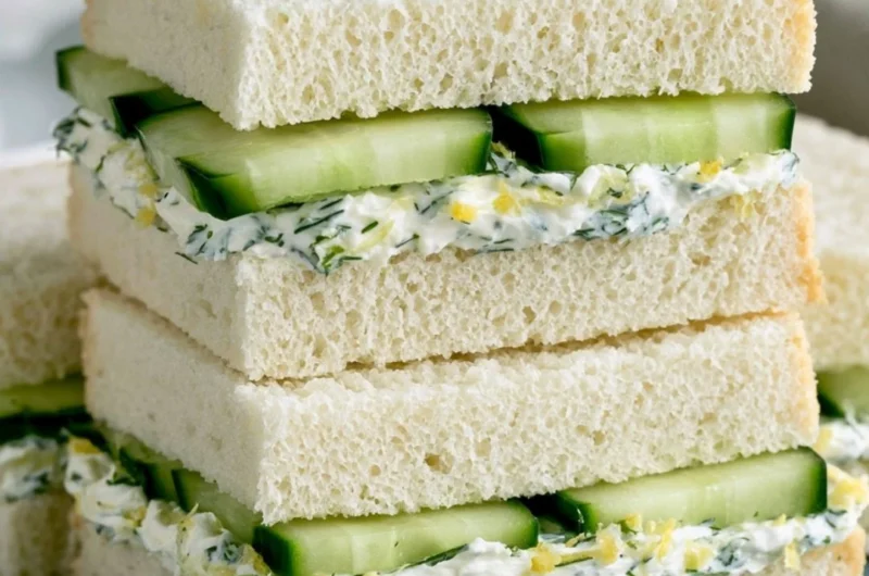 Delicious cucumber sandwich with fresh herbs and creamy spread on whole grain bread.