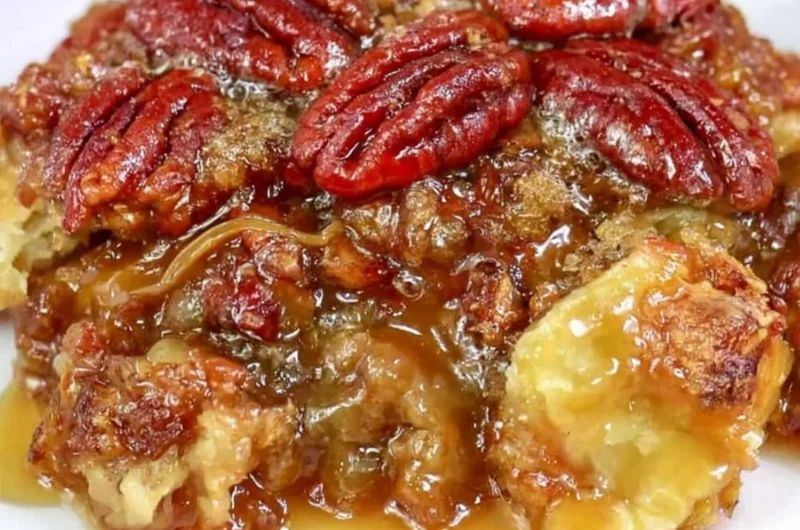 Dixie's Pecan Pie Cobbler served in a dish, featuring pecans and a golden crust.