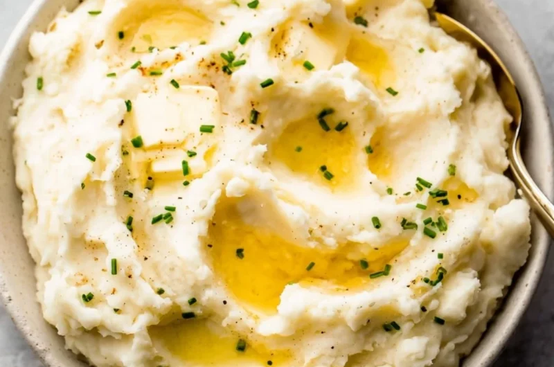 Delicious easy garlic mashed potatoes served in a bowl with herbs