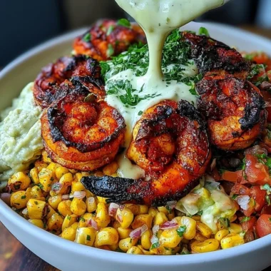 Easy grilled shrimp bowl with avocado and corn salsa served in a bowl