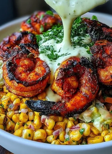 Easy grilled shrimp bowl with avocado and corn salsa served in a bowl