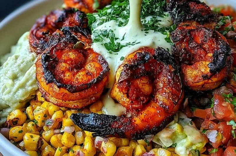 Easy grilled shrimp bowl with avocado and corn salsa served in a bowl