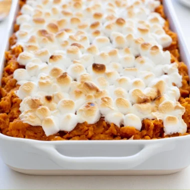 Delicious easy sweet potato casserole topped with marshmallows and nuts