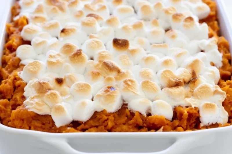 Delicious easy sweet potato casserole topped with marshmallows and nuts