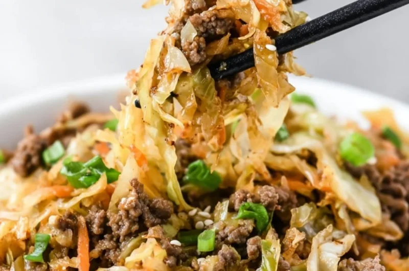 Delicious egg roll in a bowl with fresh vegetables and pork