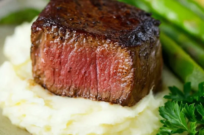 Delicious Filet Mignon topped with Garlic and Herb Butter served on a plate