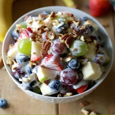 Fruit salad topped with honey yogurt dressing served in a bowl