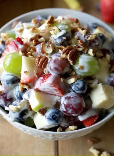 Fruit salad topped with honey yogurt dressing served in a bowl