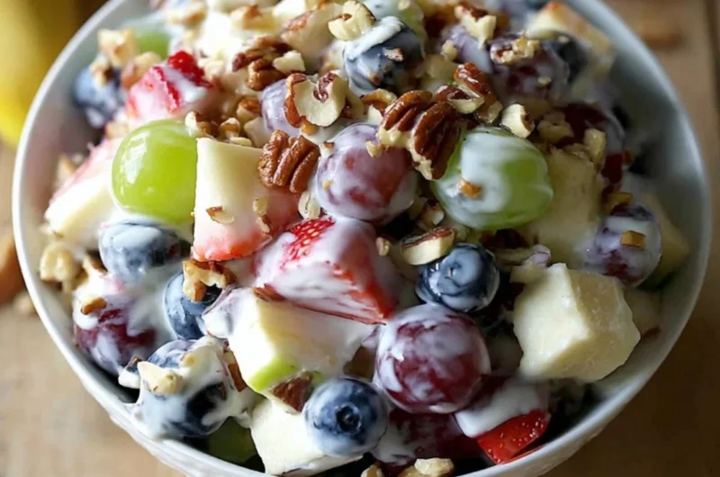 Fruit salad topped with honey yogurt dressing served in a bowl
