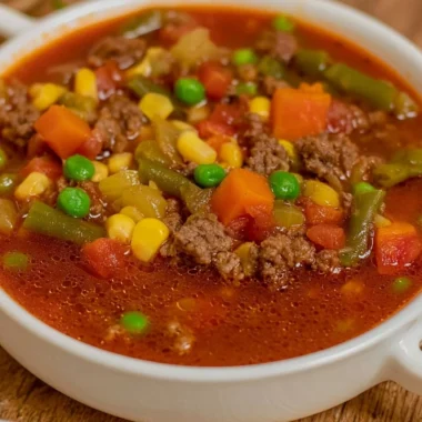 Bowl of hearty Hamburger Soup with vegetables and ground beef