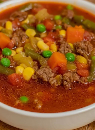 Bowl of hearty Hamburger Soup with vegetables and ground beef