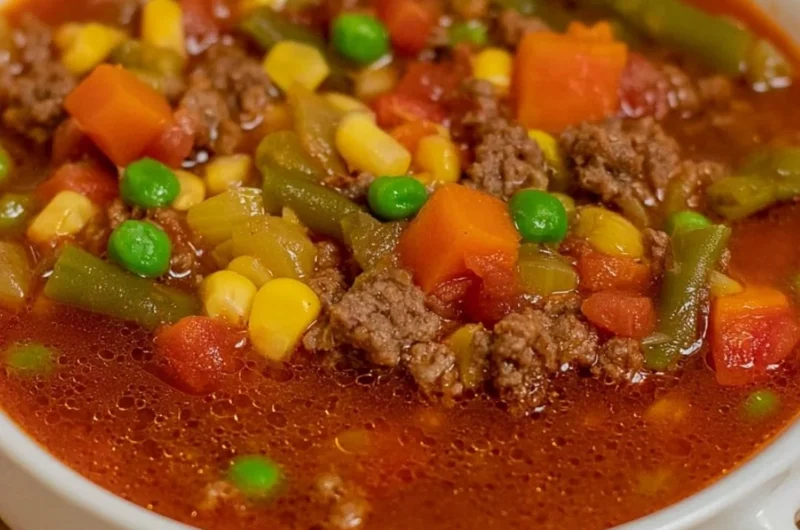 Bowl of hearty Hamburger Soup with vegetables and ground beef
