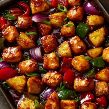 Hawaiian Chicken Sheet Pan with colorful vegetables ready to serve