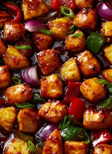 Hawaiian Chicken Sheet Pan with colorful vegetables ready to serve