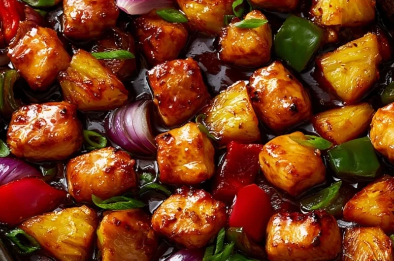 Hawaiian Chicken Sheet Pan with colorful vegetables ready to serve