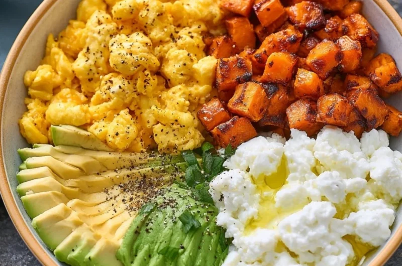 High-protein breakfast bowl with eggs, quinoa, and fresh vegetables