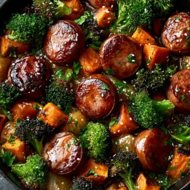 Honey garlic sausage with roasted sweet potatoes on a sheet pan