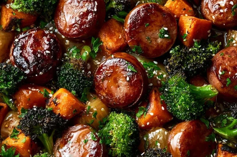 Honey garlic sausage with roasted sweet potatoes on a sheet pan