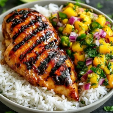Honey Lime Chicken served with fresh mango salsa on a plate