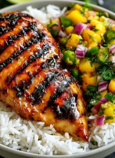 Honey Lime Chicken served with fresh mango salsa on a plate