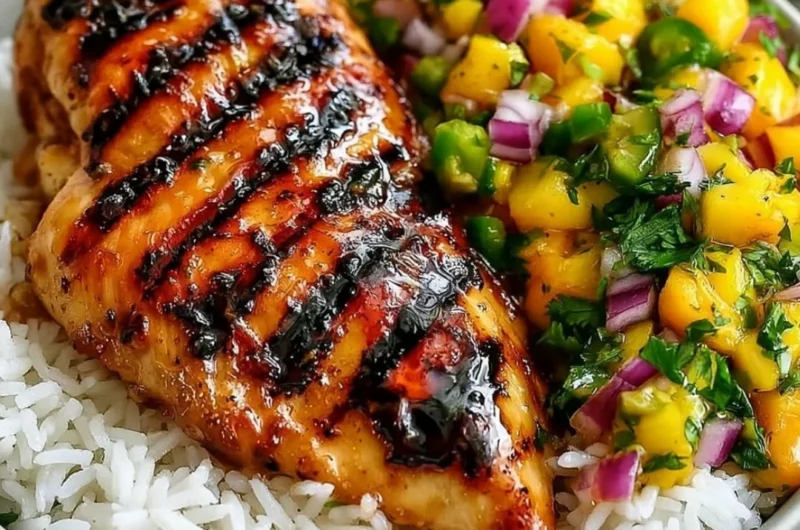 Honey Lime Chicken served with fresh mango salsa on a plate